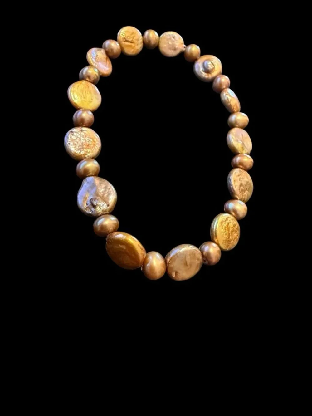 Artisan Metallic Gold Coin Pearl Stretch Bracelet Cultured Freshwater Beaded